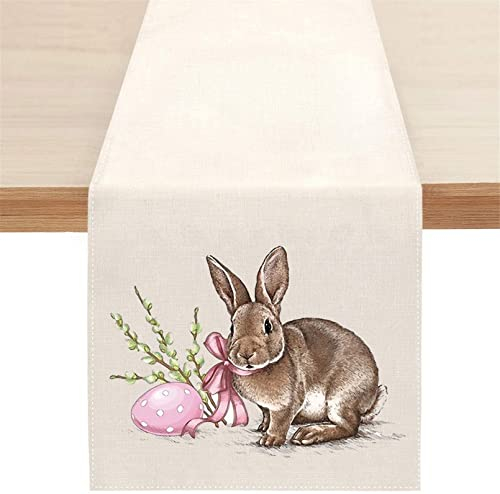 SWECOMZE Mode Ostern Kaninchen Tischläufer, Flachs Waschbar Modern Winter Küche Esstisch Dekoration für drinnen und draußen Urlaub Party Wohnzimmer Dekor (33 * 183cm,A)