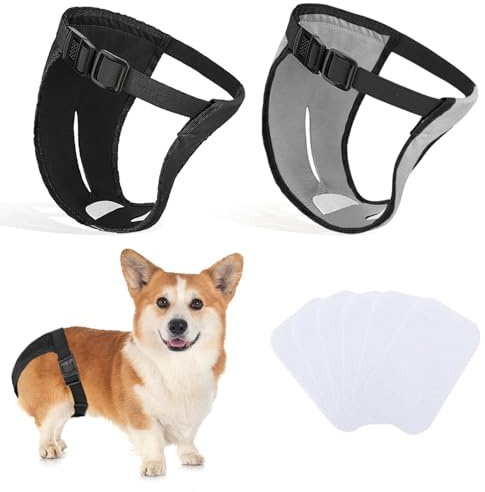 INSPUTOL 2er-Pack Hundehosen, Hundewindeln mit 6 Damenbinden, verstellbare Schutzhose für Hündinnen bei Hitze, monatliche Blutungen, wiederverwendbar, waschbar, Hygienehose für Hunde (M-schwarz&grau)