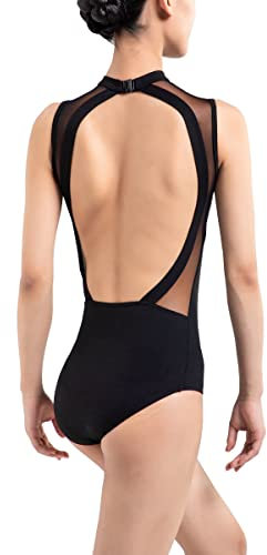 s.lemon Nackennetz Rückenfrei Gymnastik Trikots Ballett Tanz Trikots für Damen,mit BH Pad Schwarz 170
