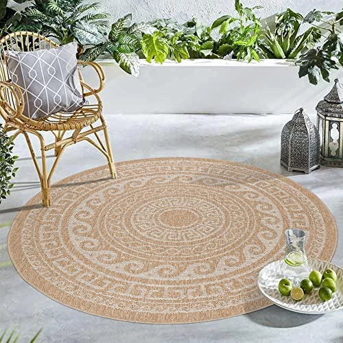 Carpetsale24 Runder In & Outdoor Teppich Wetterfest Sisal Optik Beige 120 cm Rund - Waschbarer Küchenteppich Wasserfest Flachgewebe Natur Optik Vintage Design Teppiche für Balkon Terrasse Wohnzimmer