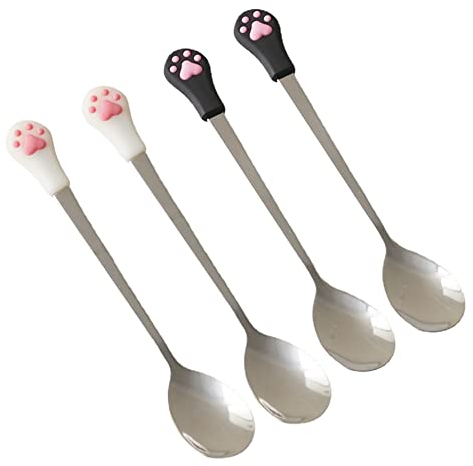 Lot de 4 cuillères à mélanger en Acier Inoxydable Motif Patte de Chat, cuillères à café, crème glacée, Dessert, Boissons Froides, cuillères à café pour Chien et Chat
