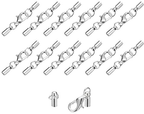 sourcing map 20Sets 3mm Leather Cord End Caps with Lobster Claw Clasps, Barrel Terminators for DIY Making Leather Bracelets, Silver Tone