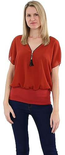 Malito Damen Kurzarm Bluse im Fledermaus Look | Tunika mit Zipper | T-Shirt mit breitem Bund | Shirt - elegant 6298 (rost)