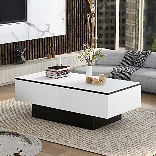 HAINEW Moderner Couchtisch Hochglanz mit Ausziehbarem Tisch und Stauraum, Rechteck Wohnzimmertisch Schreibtisch Sofatisch, 102 x 60 x 40cm (Weiß+Schwarz)
