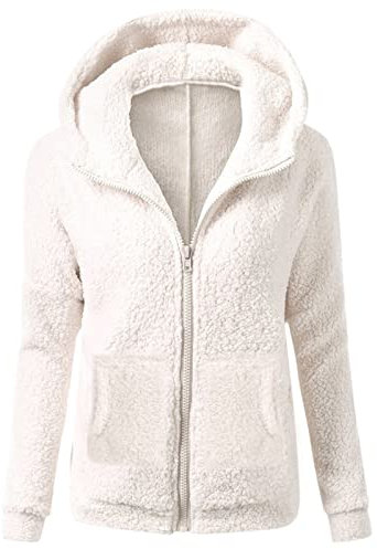 Blazer Damen Kurz Teddy Jacke Damen Plissee Kleidung Frauen Einfarbig Teddy Fleece Jacke Herbst Winter Warm Kapuzenpullover Mit Durchgehendem Reißverschluss Frauenmantel Kapseln (Weiß, M)