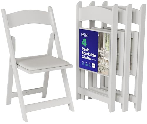 SIMPLEX 4 weiße Klappstühle – Harz stapelbare Klappstühle mit gepolsterten Sitzen – bequeme weiße Klappstühle für Veranstaltungen im Innen- und Außenbereich – leichte Harzstühle (4 Stück)