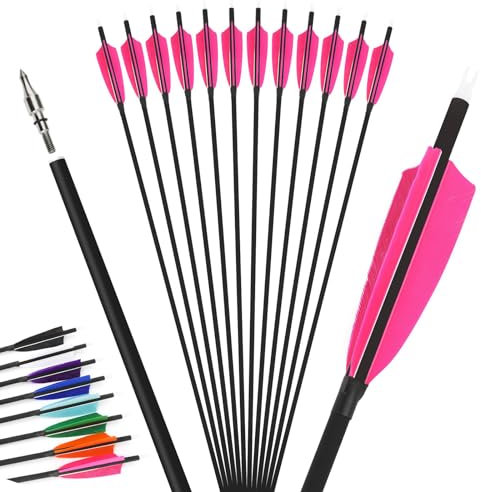 12Pcs 4inch Türkei Feder gemischt Carbon Pfeil 500 Spine Bogenschießen Jagdpfeile Anzug für Compound/Recurve Bogen Ziel Praxis Pfeil (rosa, 30 Zoll)