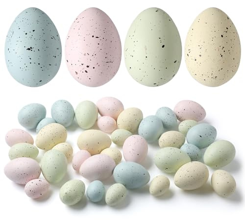SiliFine 36 Stück gesprenkelte Ostereier aus Kunststoff, gesprenkelte Eier, Schale und Vasenfüller, künstliche Hühnereier für DIY Frühlingsdisplays und Osterdekorationen, blau, grün, rosa, gelb