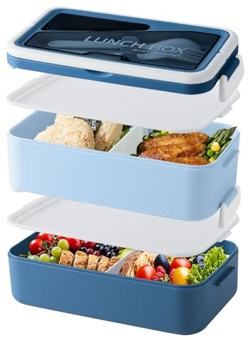 HENSHOW Bento Box für Erwachsene Auslaufsicher Lunchbox mit Fächern, 2 Levels 1600ml Große Nachhaltige Brotdose für unterwegs, Meal Prep Box BPA-frei & Spülmaschinenfest (Blau)