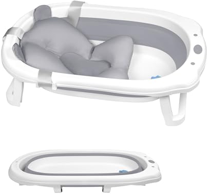 JNGLGO Baby Badewanne Faltbar Babywanne mit Badekissen Baby Bathtub Baby Wanne Rutschfeste Babybadewanne für Neugeborene Kleinkinder, 82 x 50 x 22 cm, Grau