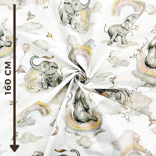 Textrend Baumwollstoff - Stoff zum Nähen - 100% Baumwolle - Textilien 1x1.6m - Stoffe Meterware - Elefanten-Muster (Elefanten grau-beige mit Regenbogen auf weißem Hintergrund)