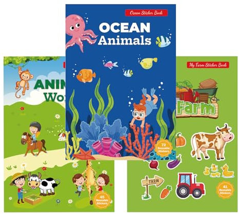 SoeUyd 3 Pezzi Album Stickers Bambini Attacca Stacca, Libro Stickers Bambini, Libri Adesivi Bambini Attacca Stacca per Bambini e Bambine di 3 4 5 6 7 Anni, Mondo Sommerso, Zoo, Fattorie