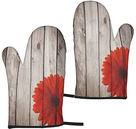 Microwave gloves 2-piece sets Wooden Board Retro Flower Red Dahlia Oven Gloves and Pot Holder for BBQ Cooking Baking Grilling Microwave Spring Summer