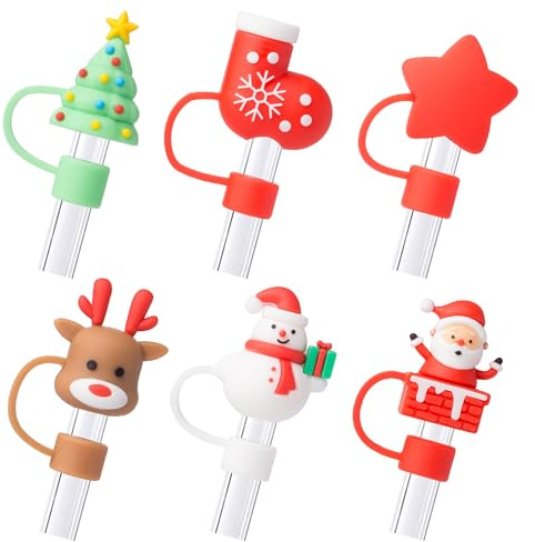 6Pcs Christmas Red Straw Cover Cap for Stanley Cup 40oz/30oz Tumbler, 10mm Reusable Cute Drinking Straw Topper Accessories, Portable Protector Plugs Decorations Gifts for Party Christmas