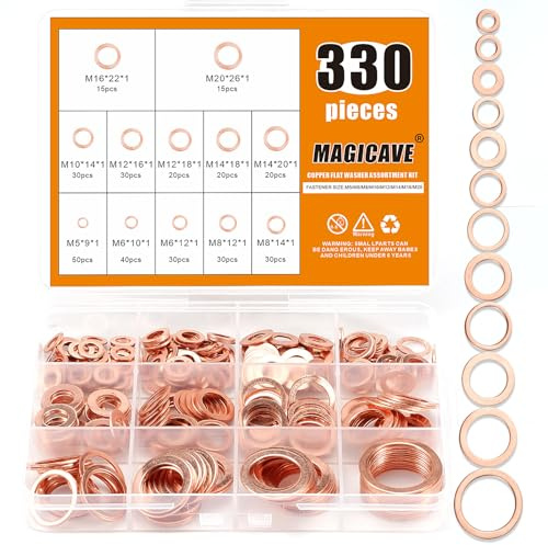 Magicave 330 Pieces 12 Sizes Copper Washers, Crush Washer, Premium Copper Metric Flat Washers, Copper Seal Washers Assortment Kit (M5 M6 M8 M10 M12 M14 M16 M20)
