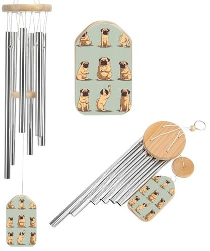 Gedenk-Windspiel, Aluminiumrohre, Holzwindglocke, Yoga, Mops, bedruckt, Windgeräuschmacher, Outdoor, Garten, Terrasse, Dekoration, Windfänger