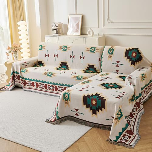LHGOGO Großer Sofaüberwurf im Azteken-Stil, mit Quasten, wendbar, hochdichtes Gewebe, Überwurf für Sofas, Zweisitzer, 3- oder 4-Sitzer-Sofa und Bett, extra dick, weich und gemütlich, 180 x 340 cm