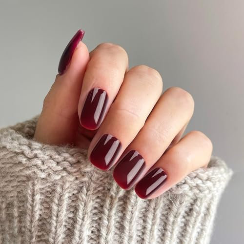 24 Pcs Weinrot Falsche Nägel, Kurze Falsche Nägel mit Kleber, Press on Nails Abnehmbare Klebenägel Tips für Weihnachten Halloween Frauen Mädchen Nagelkunst Zubehör (Weinrot)