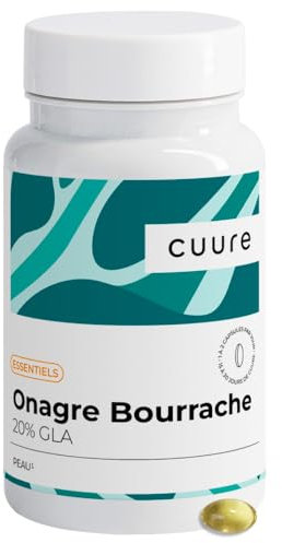 Onagre Bourrache - CUURE - Huile de Bourrache Onagre en Gélules - 30 Jours - Titré à 20% en GLA - Riche en Oméga 6 - Régulateur Hormonal - Souplesse & Hydratation de la Peau - Fabriqué en France