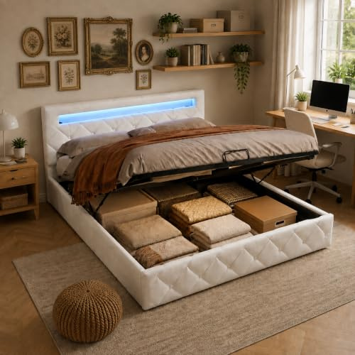 PerGar Polsterbett Doppelbett 160x200 cm mit LED, Bett mit Bettkasten, Bettgestell mit Kopfteil und Stauraum, Hydraulisches Bett, Jugendbett Lattenrost, Samt, Ohne Matratze, Aprikose