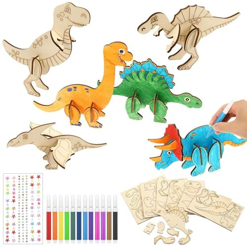 6 Stück Dinosaurier Holz Bastelset, Drachen Geburtstag Bastelset mit 12 Stück Farbstifte Und Kristall-Diamant-Aufkleber, 3D Puzzle Dinosaurier Bastelset, Dino Holz Basteln Kinder für Kinder Geburtstag
