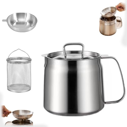 Rose and Teddy Stainless Steel Fryer, 2 in 1 68oz Stainless Steel Fryer with Basket & Lid, Large Capacity Versatile Oil Filter Pot Vessel for Kitchen Storing Cooking (50OZ/1.5L)