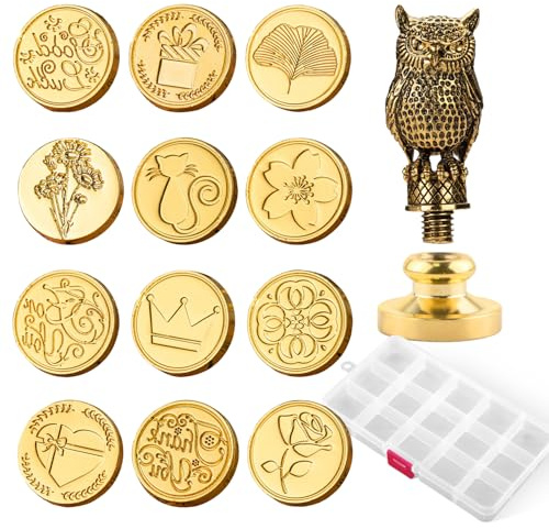 12 Stück Wachssiegel Stempel Verdickter Siegelstempel, Siegelstempel Personalisiert Wachsstempel Set Mit Abnehmbarem Eulengriff und Aufbewahrungsbox Geeignet für DIY-Einladungen Umschläge und Mehr