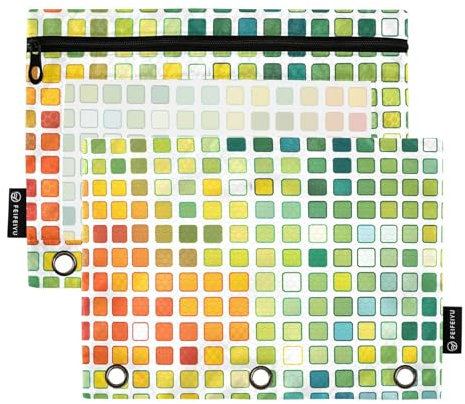 OWFKAY Federmäppchen für 3-Ring-Ordner, Großpackung mit 3 Löchern, Reißverschluss-Taschen mit transparentem Fenster, mehrfarbiges, quadratisches Gittermuster
