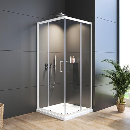 WDWRITTI Duschkabine Eckeinstieg mit Schiebetüren 80x80x185cm, weiß Doppel Schiebetür Eckeinstieg Duschabtrennung Glas Duschschiebetür, Eckdusche aus 6mm ESG Sicherheitsglas