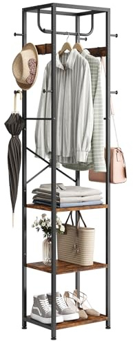 ELYKEN Porte Manteau sur Pieds d'Angle avec Etagere pour Entree | Marron Rustique, Meuble Porte Manteau Entree Couloir Salon Vestiaire, Porte Manteau Bois Métal avec Rangement 40x30x180 cm