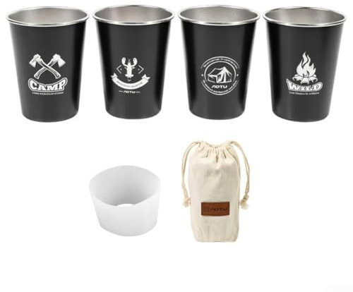 Lecreatekit 304 Stainless Steel Camping Cups, 4 Pack 350ml Stackable Outdoor Camping Mugs with Carry Bag, for Hiking Picnics Travel (Four-piece set Black)