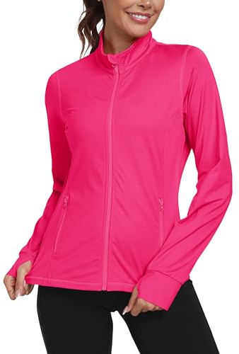 MoFiz Women's Running Jackets with Thumb Hole Microfleece Sport Jacket with Zip Pocket Pink M