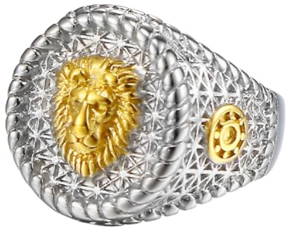 Chevalière lion en argent pour homme - Élégante bague ronde lion dorée classique rochers animaux bijoux pour homme