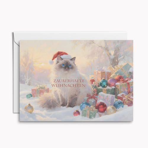 Set mit 4 festlichen Katzen Weihnachtskarten – nostalgische Klappkarten mit Geschenkmotiv, Umschläge & weiße Einleger inklusive