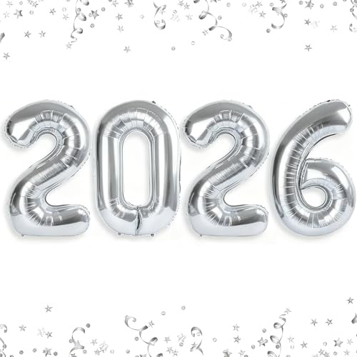 Gleemix Silvester Deko 2026 Luftballon, 32 Zoll 2026 Zahlen Luftballons, 2026 Ballon Silber, Folienballon 2026 Deko Silvester für Jubiläum, Neujahr, Silvesterdeko, Happy New Year Dekoration