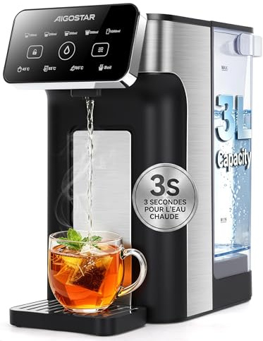 Aigostar Heißwasserspender Edelstahl 3L mit Temperaturwahl, 3s Aufheizung | Instant-Heißwasser mit Filterfach, 4 Temperaturstufen, LED-Touch, Abnehmbare Abtropfschale, BPA-frei, Schwarz