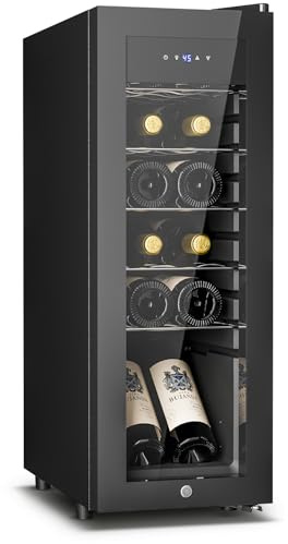 Feelfunn 12 Bottle Wine Cooler Refrigerator - Small Wine Fridge for Red, White, Champagne, Freestanding Wine Cellar with Glass Door & Digital Temperature Control for Home Bar, Office