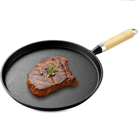 bechoanigel Gusseisenpfanne,Bratpfanne Grillpfanne,Rund Cast Iron Pan Gusspfanne mit Holzgriff,Pfanne Gusseisen Ohne Beschichtung Induktion Bratpfanne für Gasgrill,Gas,Spiegeleier,Steak (Ø 26cm)
