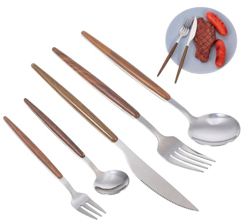 Veemoon Ensemble de Couverts 5 Pièces Inox Manches Imitation Bois, Service de Table Occidental Cuisine, Comprenant Couteaux, Fourchettes et Cuillères, Ustensiles la Cuisine Inox pour