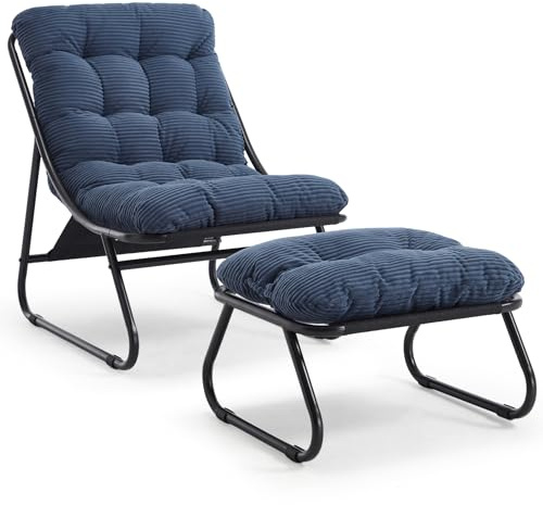 Loungesessel mit Ottoman, Liegestuhl & Relaxsessel aus Stahl, mit separatem Kissen und rutschfesten Fußpolstern – Outdoor Gartenstuhl für Entspannung im Freien, Garten & Balkon (Dunkelblau, Cord)