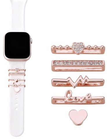 KAHZOR 5 Uhrenarmband Charm Armband Zubehör für Apple Watch, Roségold Liebesherz Uhrenarmband Schmuck Zubehör für Damen & Mädchen – Stilvolle Dekoration für Iwatch Silikon Armbänder (Ohne Armband)