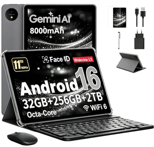 Tablet 11 Inch with Gemini AI, Android 16 Tablets with Case, Keyboard, & Mouse, Unisoc T7250 Octa-Core, 32GB RAM+256GB ROM+2TB TF, 1920 x 1200 HD Display, 90Hz, 8MP+16MP Dual Camera, 8000mAh (Blue)