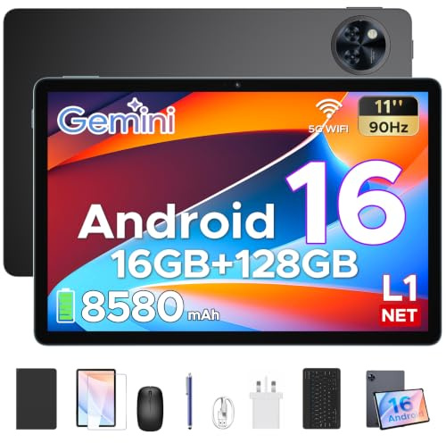 ANYREAL Android 16 Tablet Con Tastiera, Tablet 11 Pollici Gemini AI, Unisoc T7200 Octa-Core, 16GB+128GB, 8580mAh&90Hz, WiFi 5G, Widevine L1, Face ID, GPS, OTG, Audio 3.5mm,Tablet Con Penna