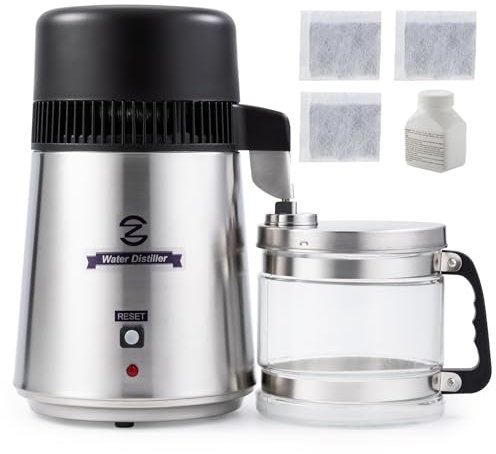CO-Z 4L Brushed Stainless Steel Countertop Distiller Machine, Home Distilled Water Maker with Glass Pot, Purifier to Make Clean Water