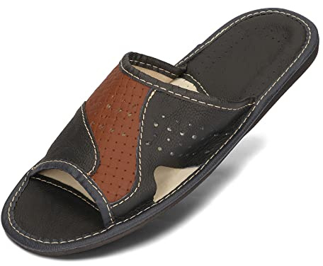 BeComfy Zapatillas de Casa para Hombres 100% Cuero Genuino Zapatillas de Verano Puntera Abierta 40-46 EU (Negro Marrón claro, 41)