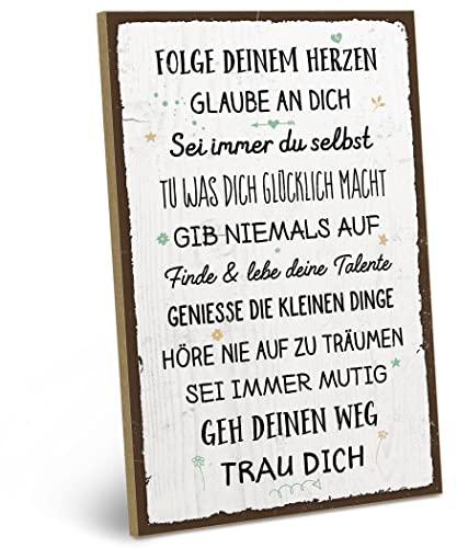ARTFAVES® Wandbild Holzschild mit Spruch - FOLGE DEINEM HERZEN - Türschild Retro Vintage Deko Bild Geschenk - Glücklichsein, Achtsamkeit
