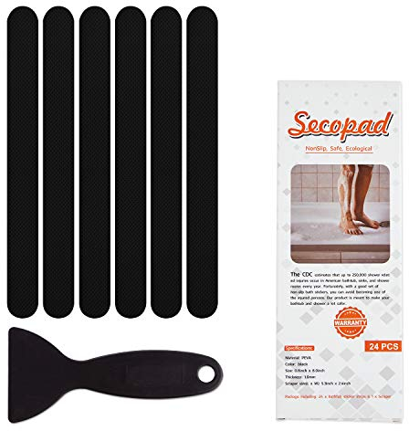 Secopad Anti-Rutsch Aufkleber 24 Stk Sicherheitsstreifen für Badewanne, Klebende Sticker mit Premium Schaber für Badewanne, Dusche, Treppe (Schwarz)