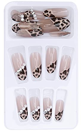 24pcs Fake Nail Tip, Leopard Print Faux Pearl False Nails Girls Full Cover Manicure Tool, Salon Fake Nails Acrylic Nails Art Tips