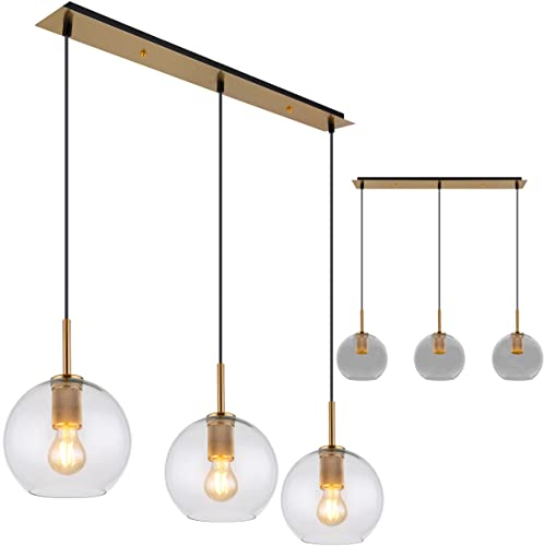 INNOVATE Pendelleuchte Glas 3 flammig – Klare Glaskugel Hängelampe Vintage - 90cm breite Pendellampe Messing mit E27 Fassung bis 60 Watt - Retro Hängeleuchte Esstisch höhenverstellbar max 120cm