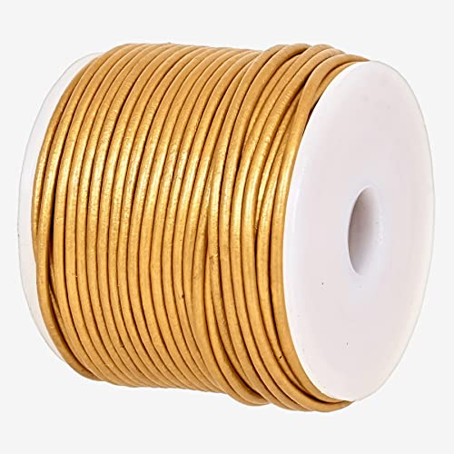 GENIQUE Real/Genuine Round Leather String Cord for Necklace, Bracelets, Jewelry, Kumihimo Braiding, DIY Projects (20 Metres) (1.5mm, Gold Metallic)